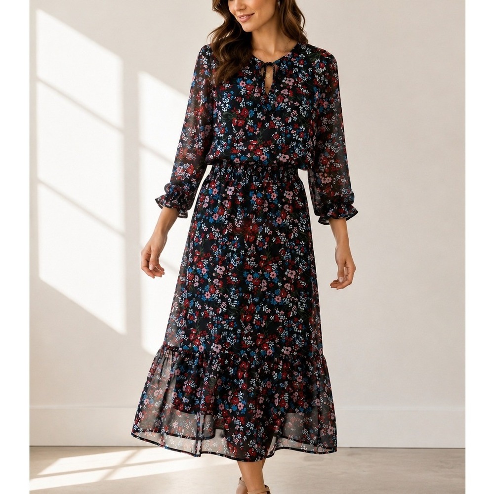 Olivia James The Label Floral Midi Dress XS Black Ruffle Hem Smocked Waist Boho - Picture 1 of 10